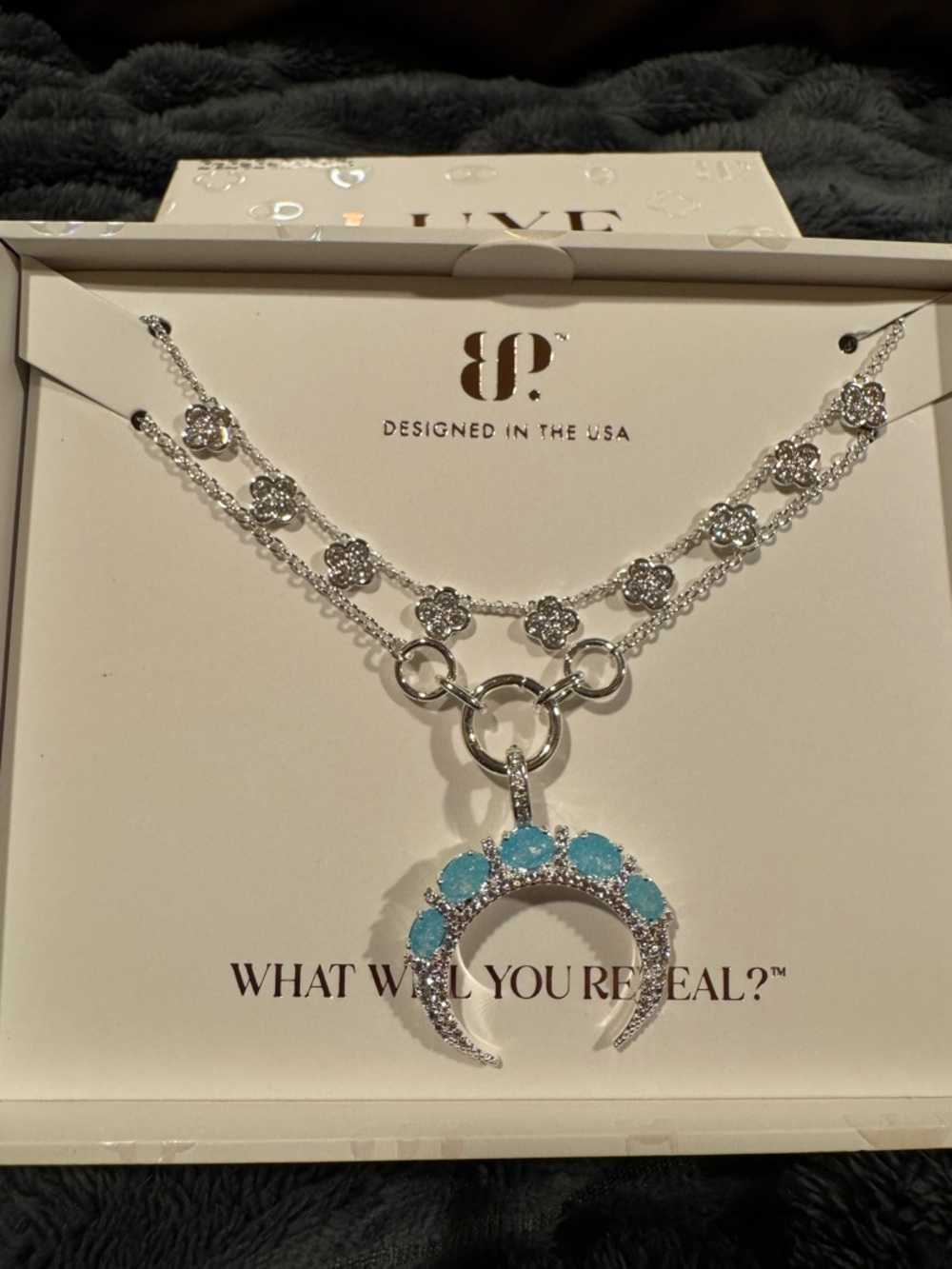 Luxe Layers Silver Crescent Necklace with Aqua Blue Stones